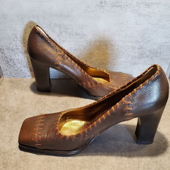 Dolce & Gabbana Vintage Y2K 90s Quiet Luxury Brown Leather Square Toe Heels 39 - Picture 8 of 16